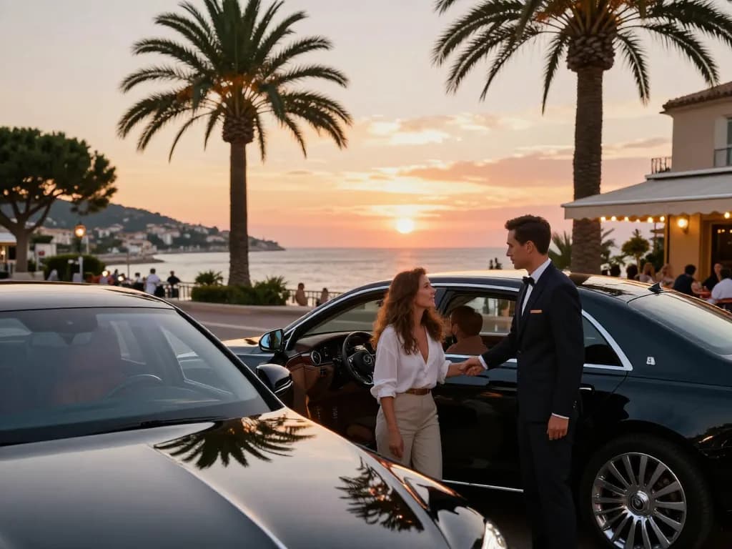 Service de taxi à Saint-Tropez avec véhicule de luxe et chauffeur professionnel au coucher du soleil.