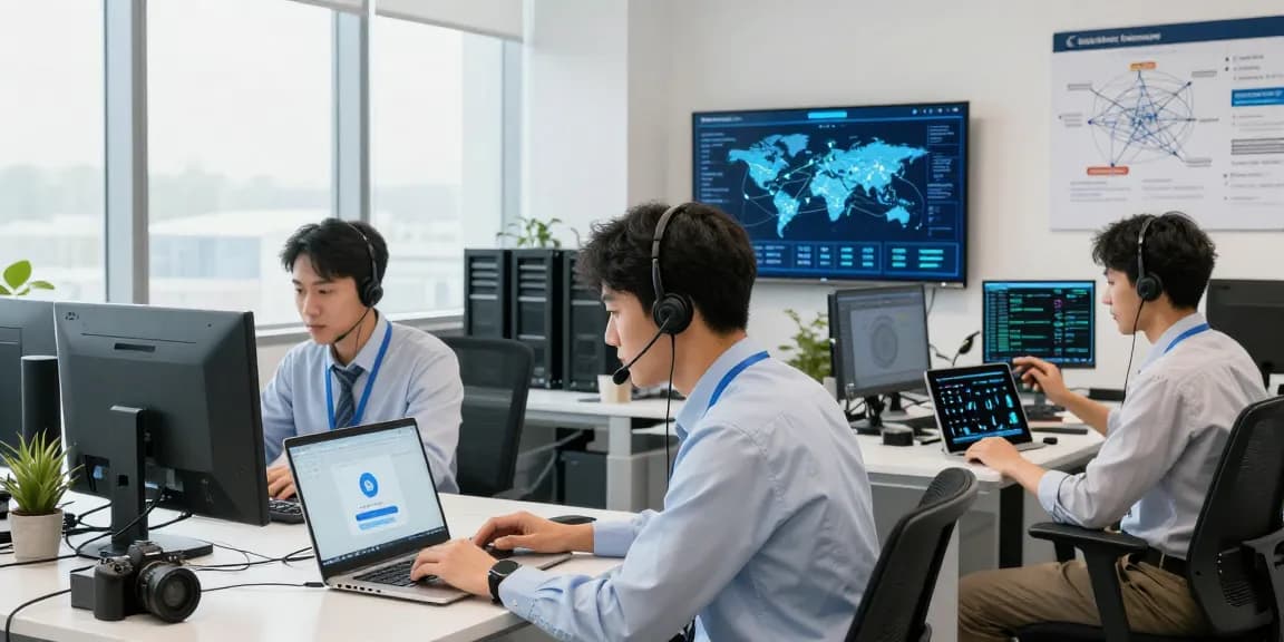 Fast network support professionals assisting users with快连 service in a modern tech environment.