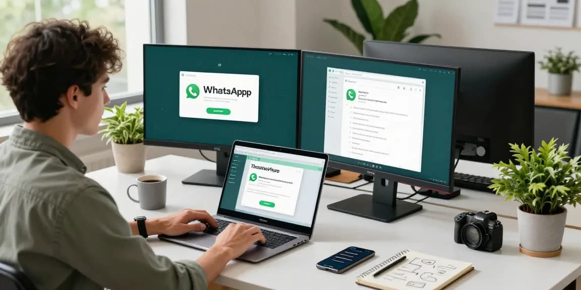 Engaging workspace using WhatsApp網頁版 on a desktop computer, featuring vibrant plants and natural light.