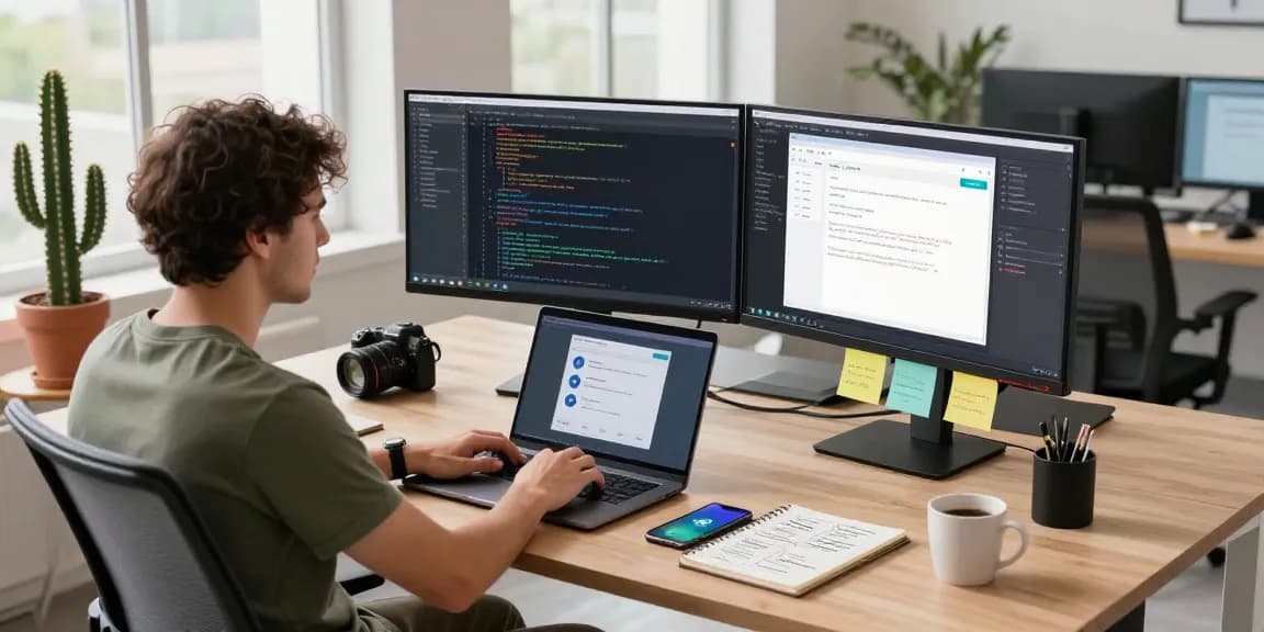 Developer using Telegram web version on dual monitors in a vibrant workspace with tech gadgets.