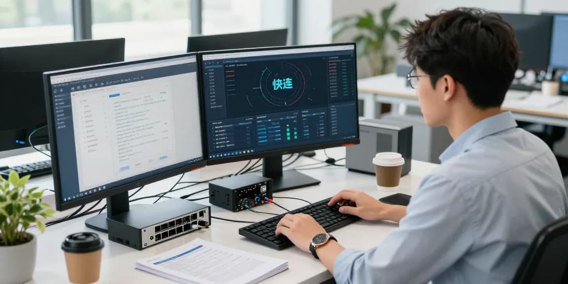 Efficient workspace with 快连 network engineer configuring advanced settings on dual monitors in a modern office.