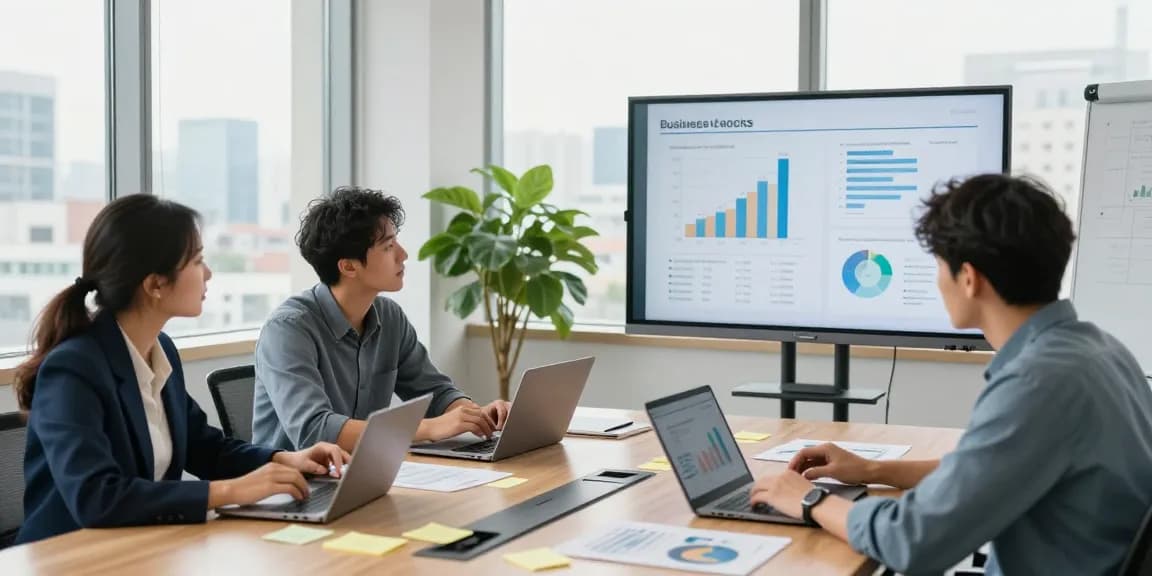 Professionals analyzing business energy quotes in a bright office.